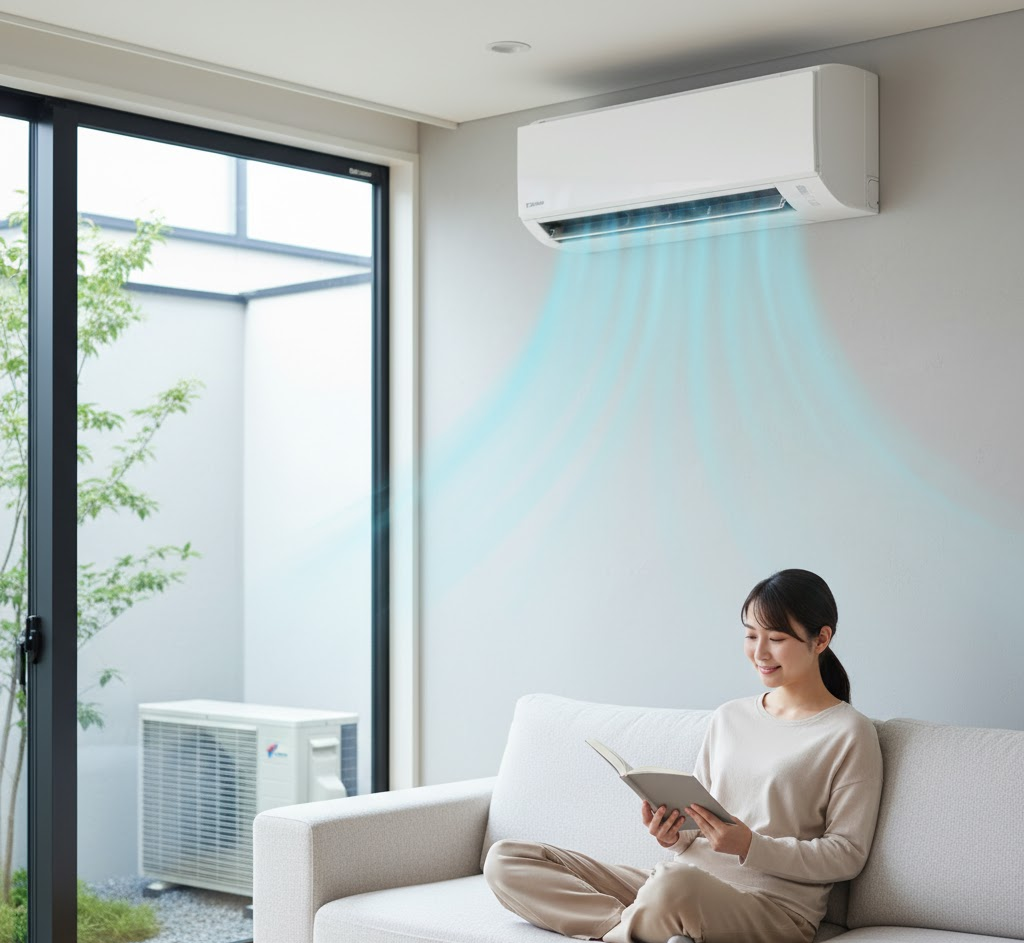A modern living room with a split air conditioner indoor unit mounted on the wall, efficiently cooling the space where a woman is relaxing on a couch, with the outdoor unit visible through a window.
