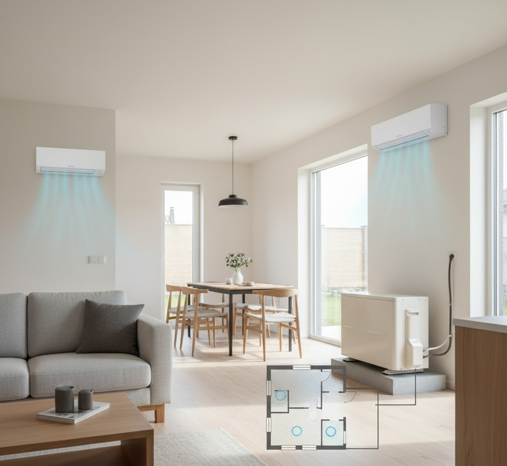 An open-plan living and dining area showcasing multiple indoor units of a ductless mini-split system for zonal cooling, with the outdoor compressor unit illustrated and a floor plan highlighting multi-room cooling.