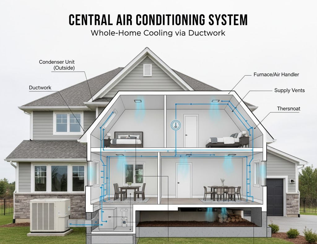 An illustrative cross-section of a house detailing a central air conditioning system, showing the outdoor condenser unit, indoor furnace/air handler, and the network of ductwork distributing cool air throughout the entire home.