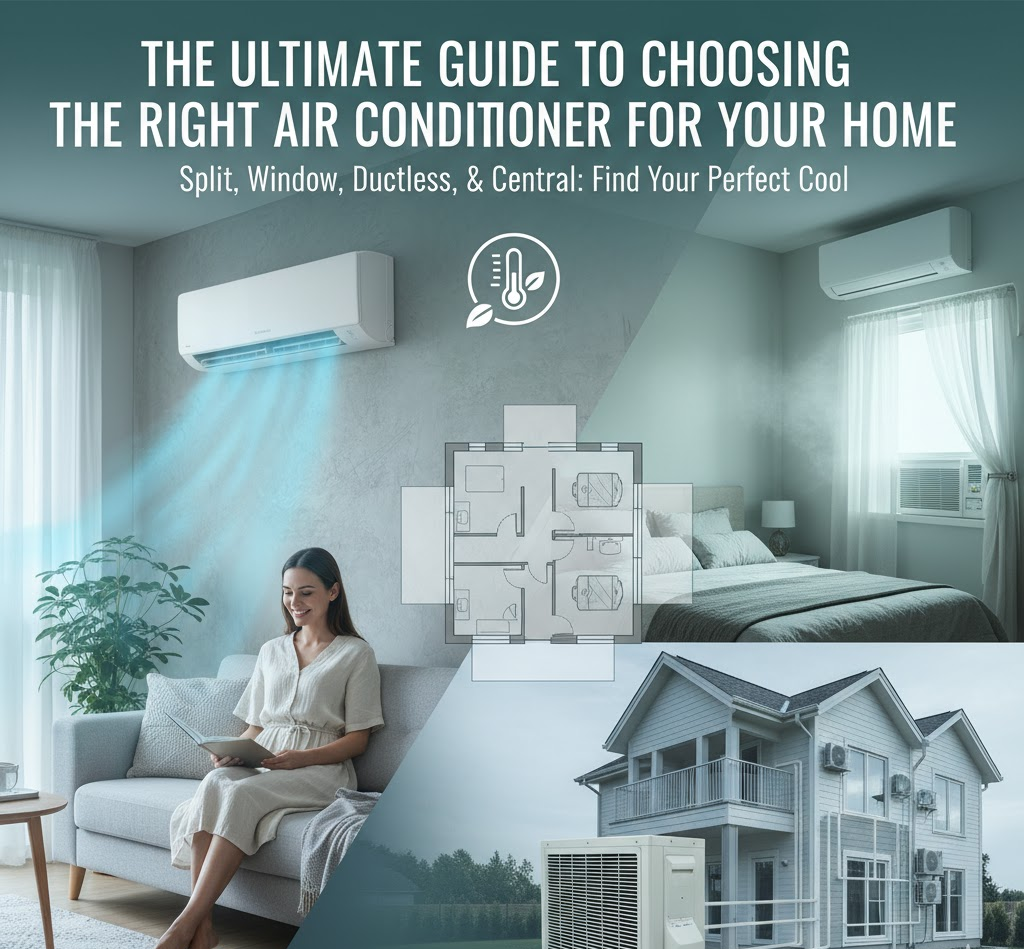 The Ultimate Guide to Choosing the Right Air Conditioner for Your Home covering Split AC, Window AC, Ductless Mini-Split, and Central Air Conditioning systems, with a focus on energy efficiency and professional installation.