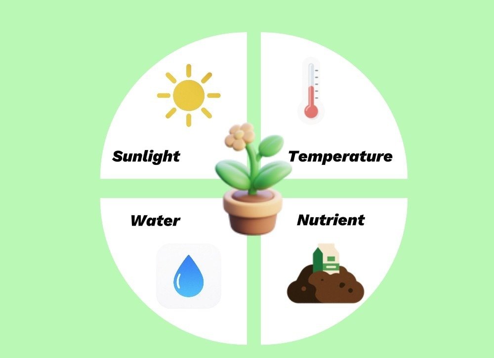 An image showcasing 4 environmental conditions needed for plant growth