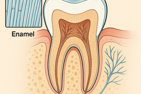 Educational illustration showing the physiology of enamel,featuring a cross-section of a human tooth with labeled enamel, dentin, and pulp, along with a magnified view of enamel rods.