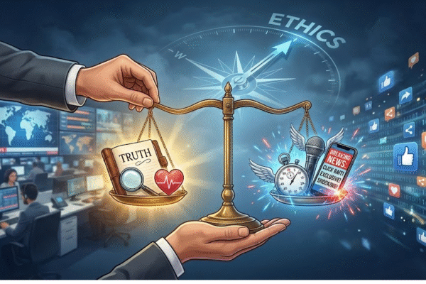 A conceptual editorial illustrating journalistic ethics.