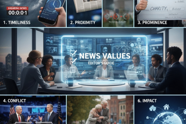 Infographic illustrating the six core News Values: Timeliness, Proximity, Prominence, Conflict, Human Interest, and Impact, with a central "News Values: Editor's Guide" graphic.