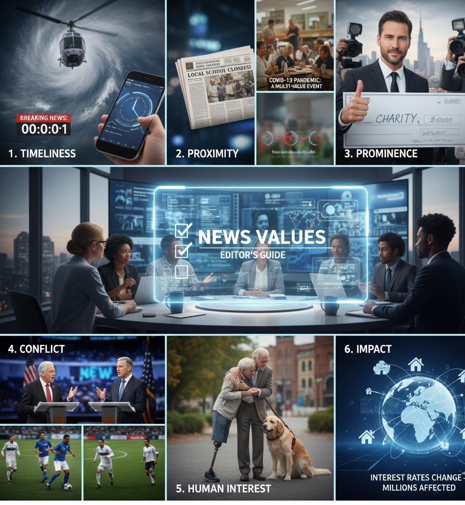 Infographic illustrating the six core News Values: Timeliness, Proximity, Prominence, Conflict, Human Interest, and Impact, with a central "News Values: Editor's Guide" graphic.