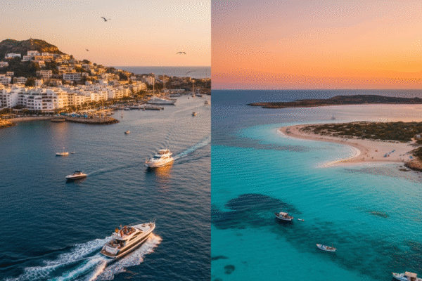 This image highlights Ibiza and Formentera, the advantage of boat travel, showing a sleek boat approaching a secluded, beautiful cove or beach in Formentera, inaccessible by road.