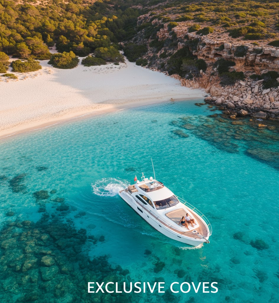 "Aerial view of a luxury yacht anchored in a secluded, turquoise cove with a white sandy beach surrounded by dramatic red cliffs and green pine trees in Formentera.