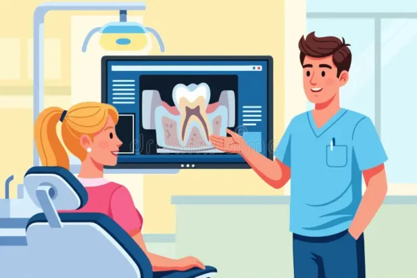 Dentist explaining dental X-ray to patient during a general dentistry appointment