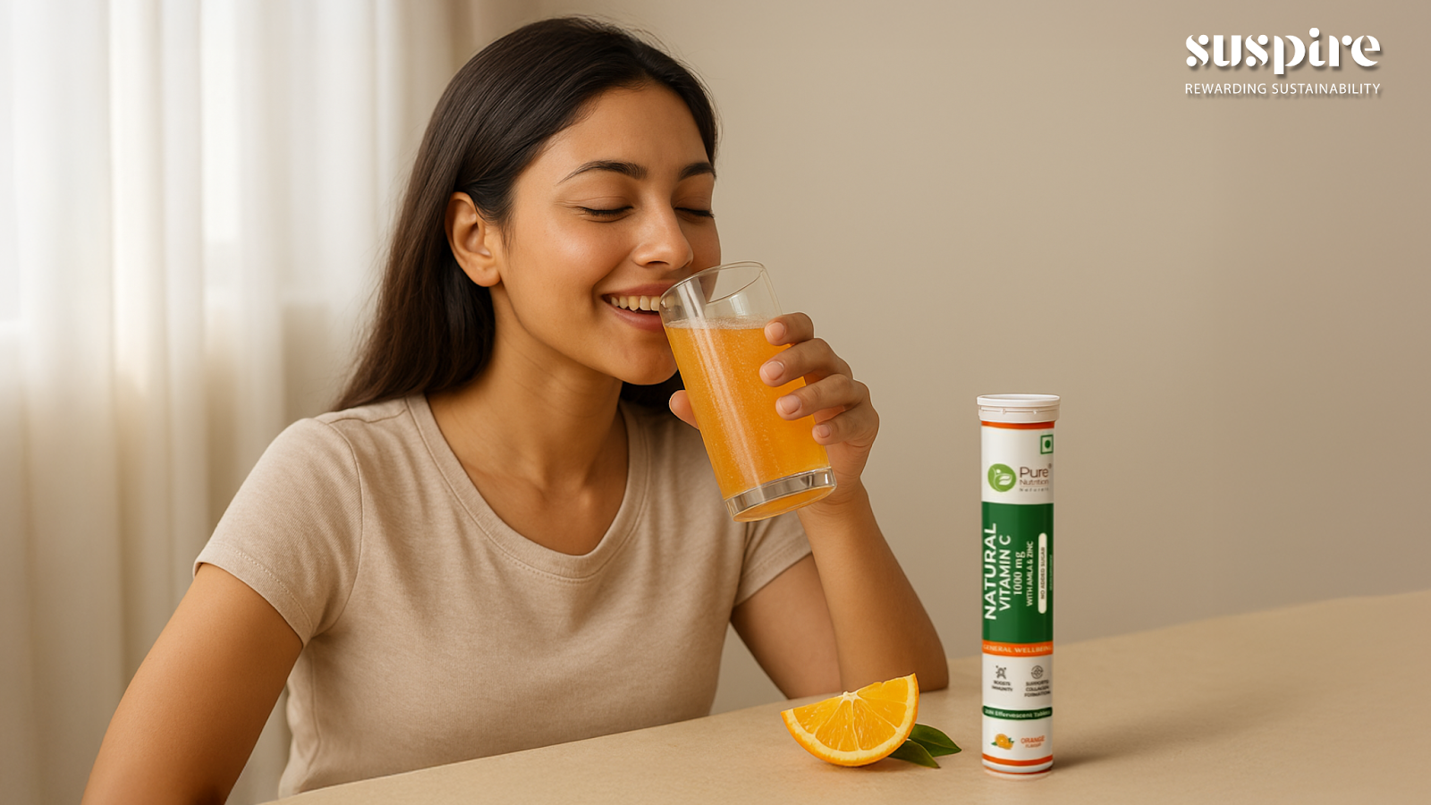 A woman taking Vitamin C