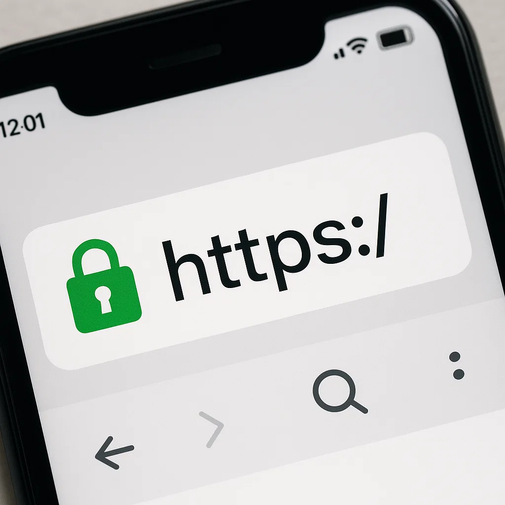 Smartphone browser showing a secure website with HTTPS encryption.