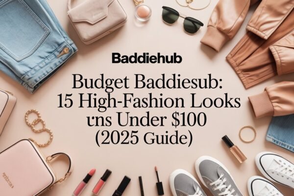 Budget Baddiehub fashion essentials flat lay with text overlay – trendy outfits, accessories, and makeup items under $100.