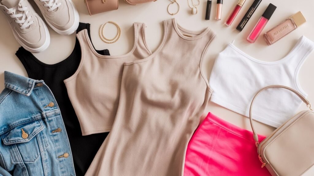 Baddiehub budget fashion essentials flat lay trendy outfits, accessories, and makeup items under $100