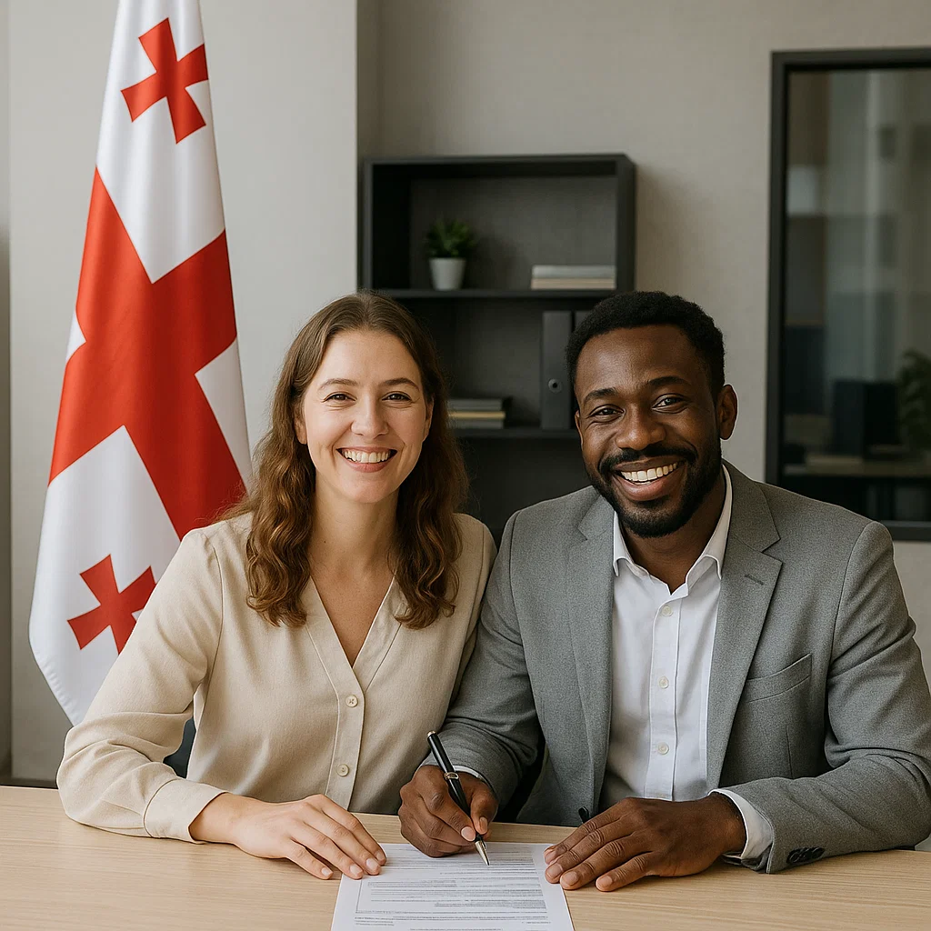 Foreign couple getting married in Georgia signing legal marriage papers.