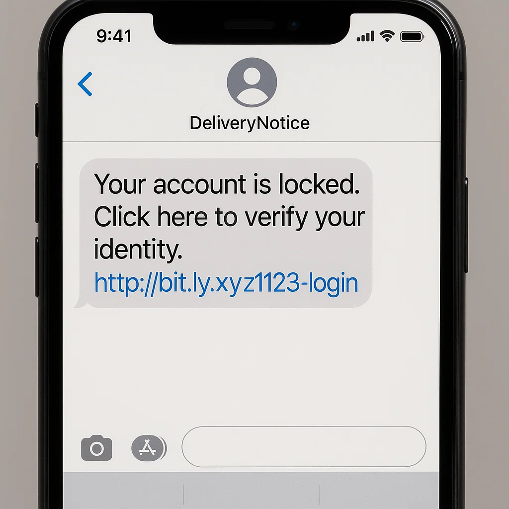 Phishing text message example pretending to be from a bank.