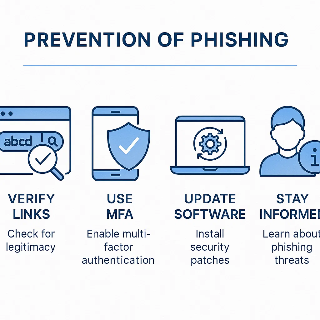 Cybersecurity awareness infographic showing how to prevent phishing scams.