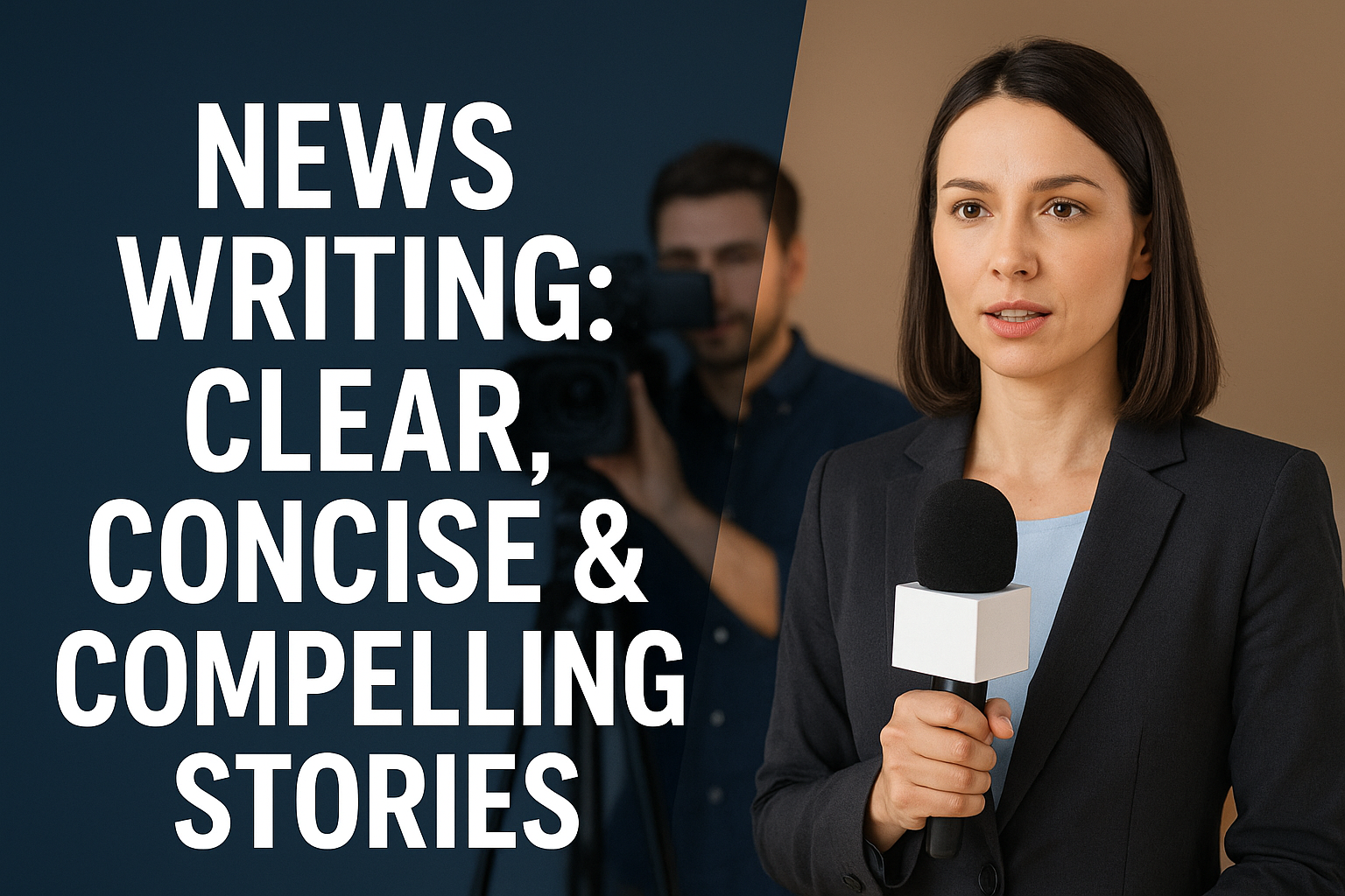 Professional female journalist holding a microphone during a news report, with a cameraman filming in the background, representing clear and credible news writing.