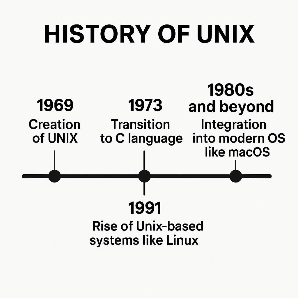 Timeline of Unix development, highlighting key events from 1969 to the rise of modern Unix-based systems like Linux and macOS.