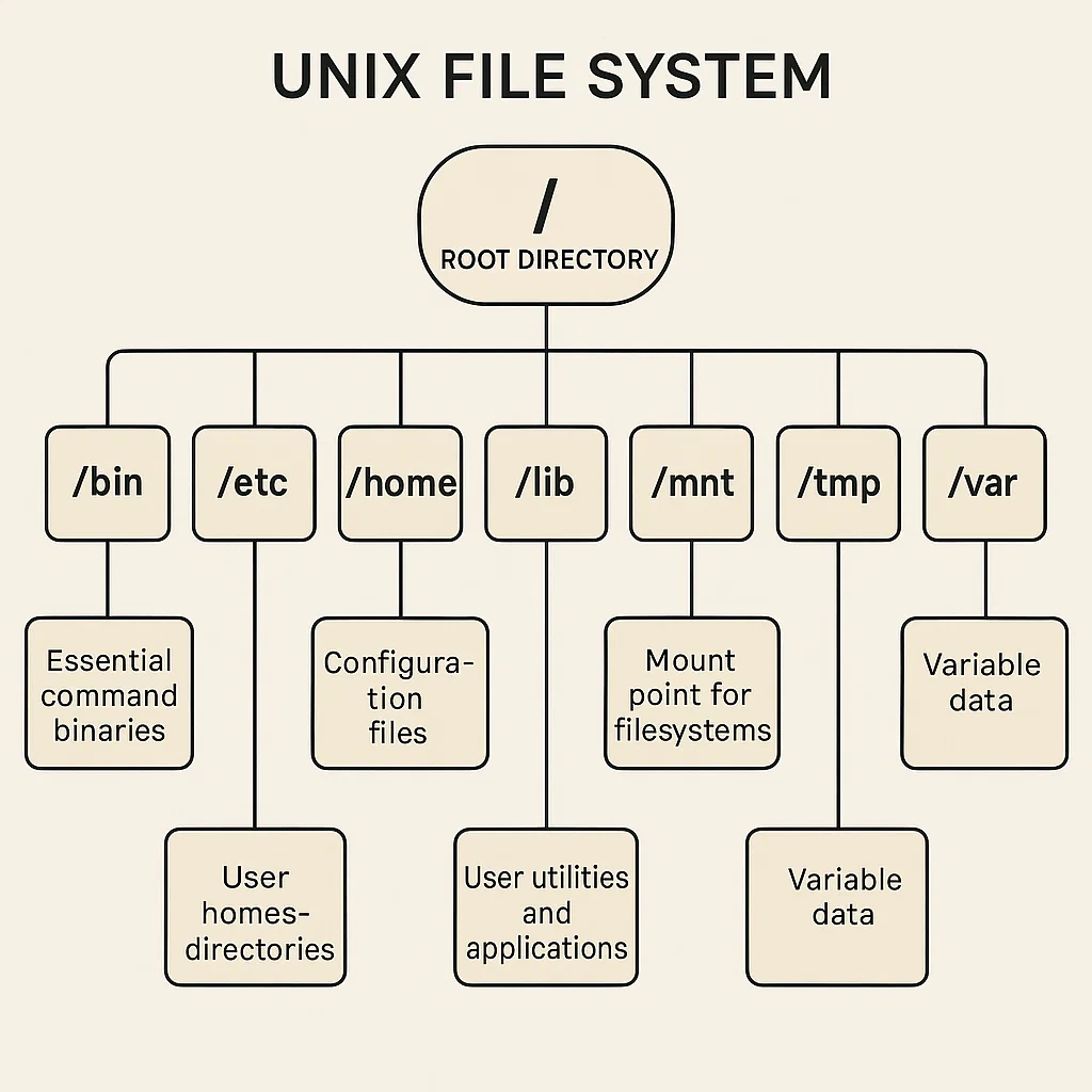 Diagram of the Unix file system hierarchy, showing the root directory and standard directories such as /bin, /etc, /home, etc.
