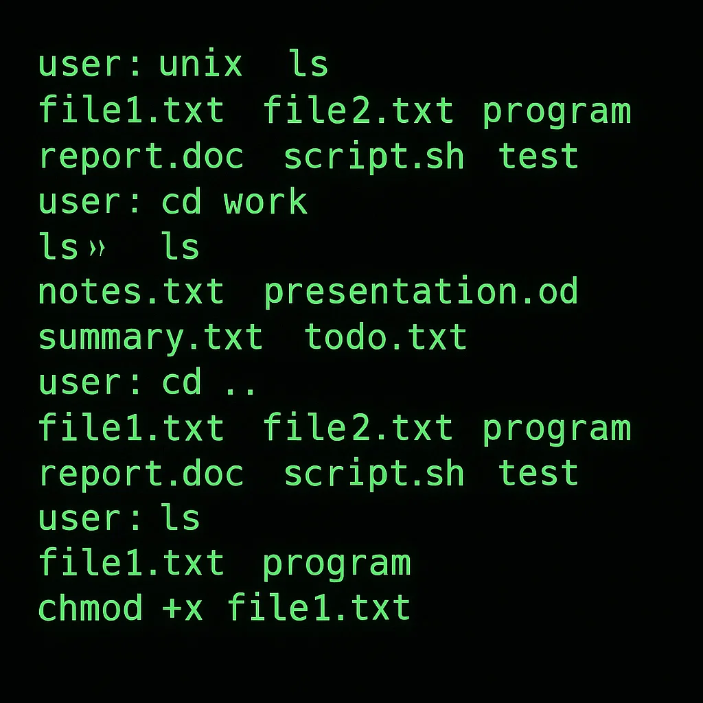 Screenshot of a Unix command-line interface (CLI) showing common commands like 'ls', 'cd', and 'chmod'.