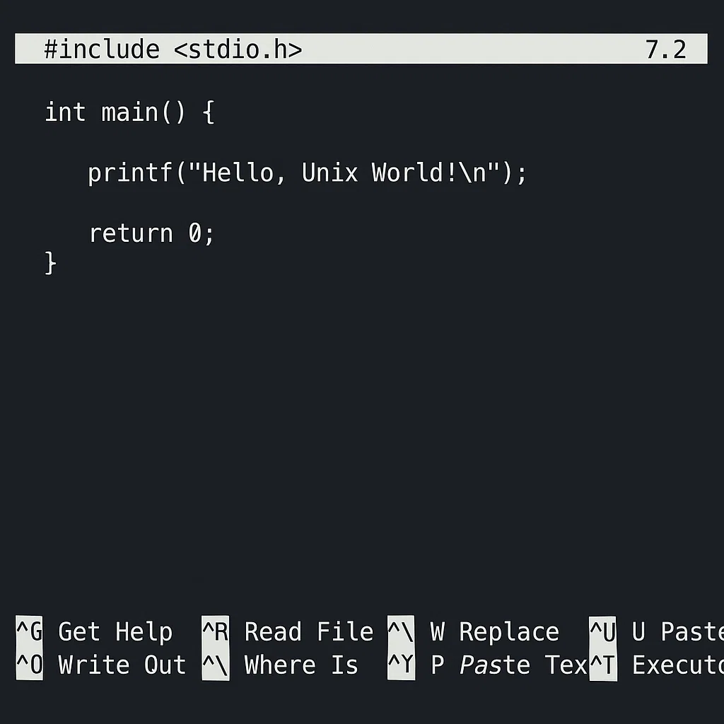 Screenshot of a Unix nano text editor displaying a simple C program that prints 'Hello, Unix World!'.