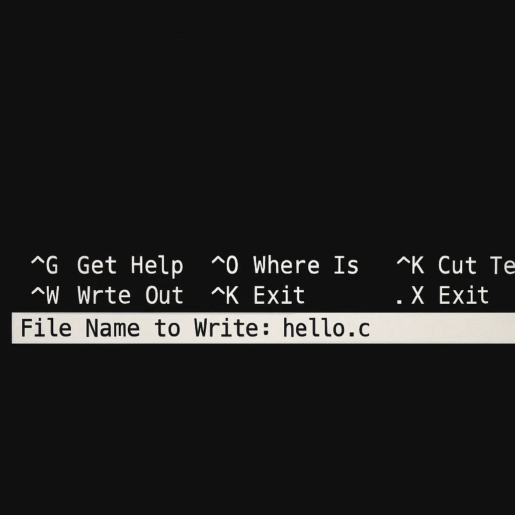 Nano editor screenshot showing the 'Write Out' command while saving a C program file named hello.c.