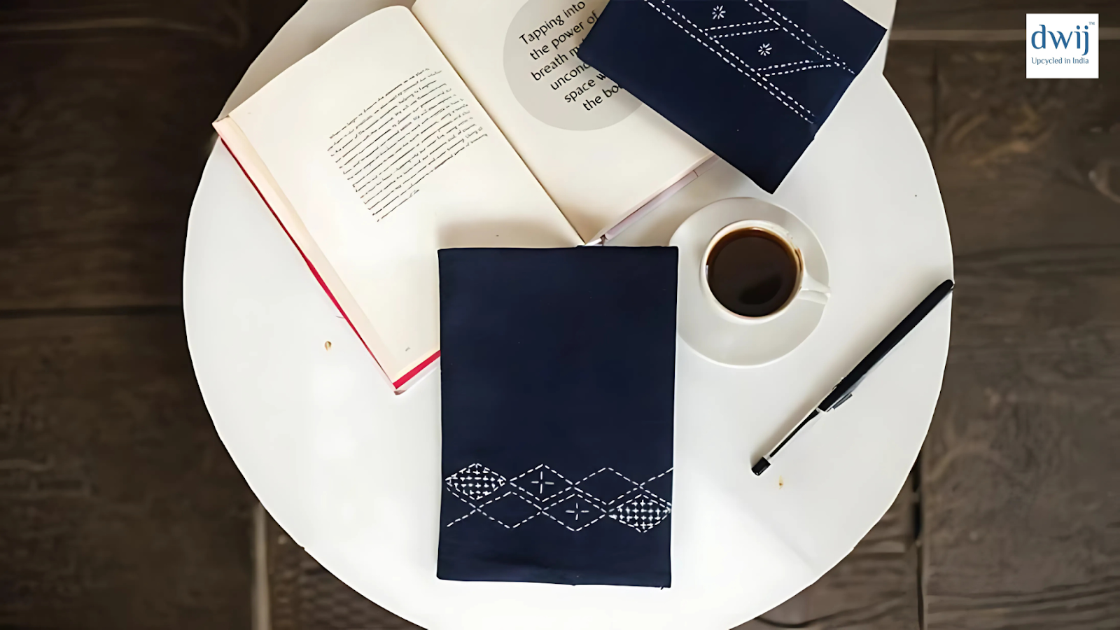 Books, cup of coffee and a pen on a table
