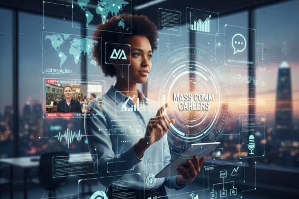 A confident professional woman interacts with a holographic interface displaying various data points, graphs, world maps, a live news broadcast, and icons representing different media forms.