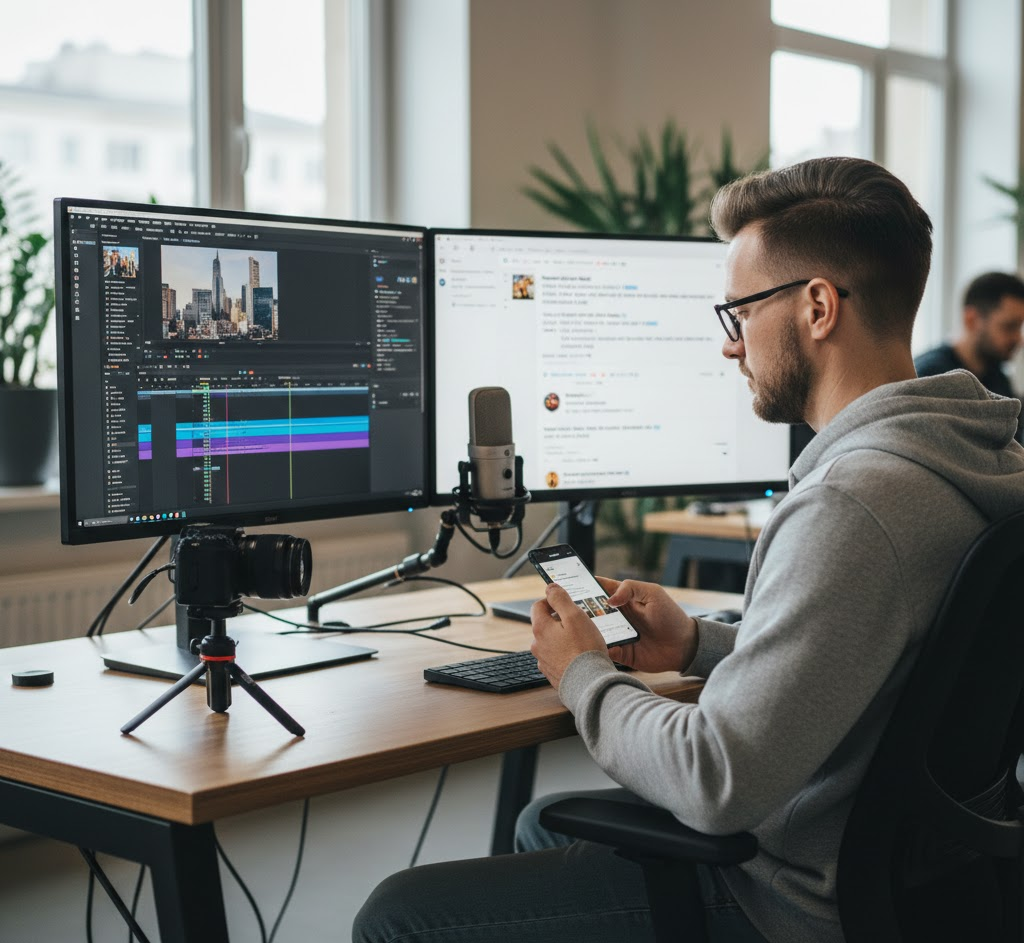 A young man in glasses works at a dual-monitor computer setup, actively video editing on one screen and checking social media on the other. A camera on a tripod and a microphone are on his desk, highlighting modern journalism as a career in mass communication.