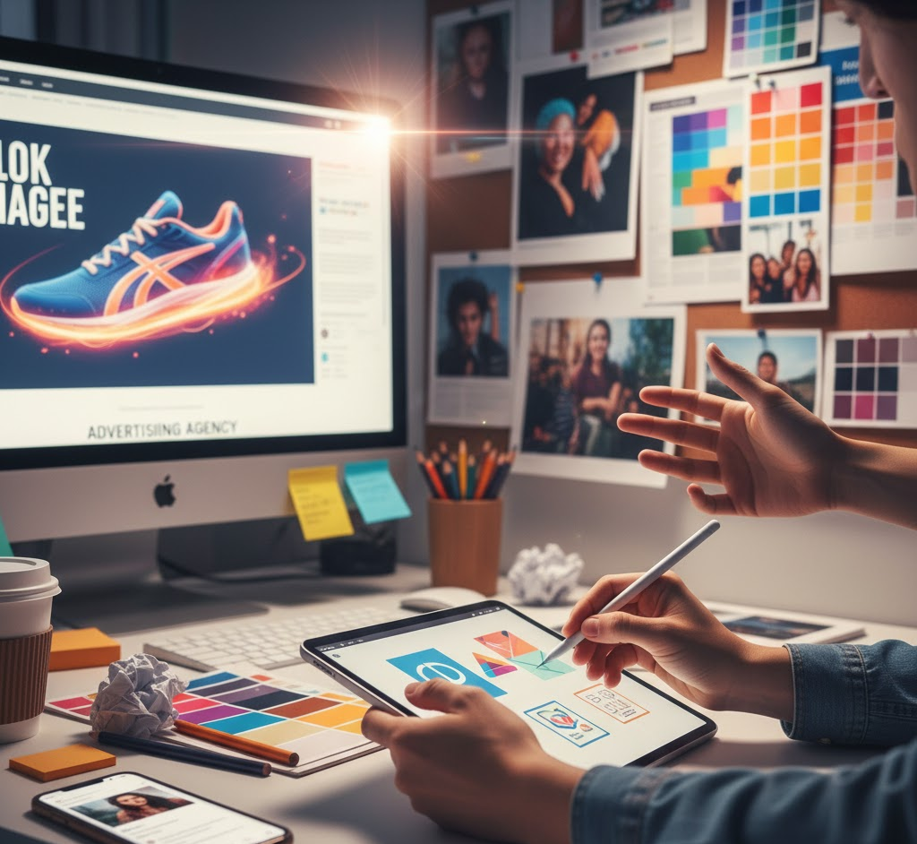Close-up of hands sketching on a digital tablet next to a computer screen displaying an ad campaign mockup for a shoe, with a colorful mood board in the background. This illustrates the creative process in advertising as  a career in mass communication.