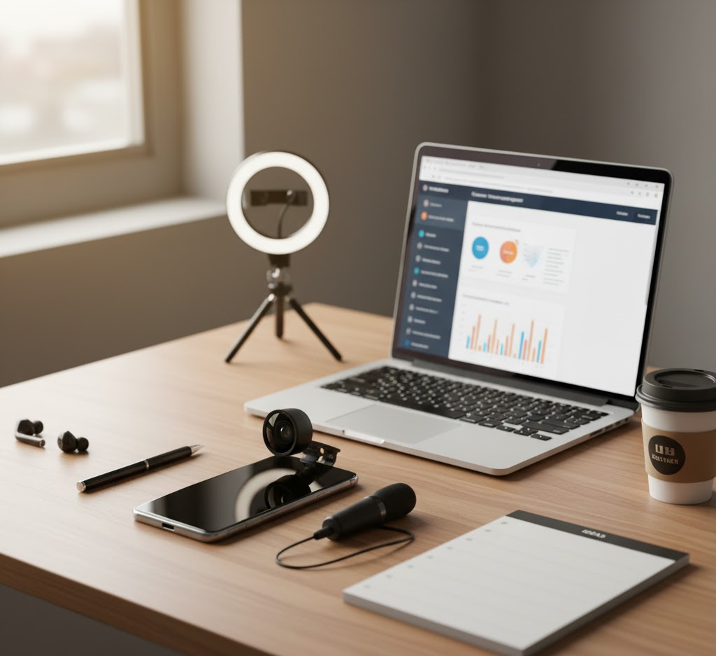A flat lay of essential modern communication tools on a wooden desk: a smartphone with a clip-on lens, a lavalier microphone, a small ring light, a laptop showing analytics, and a notepad. This represents the versatile skills needed in digital career in mass communication.
