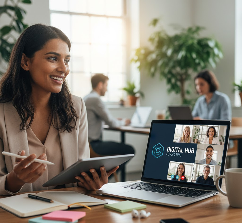 A smiling woman leads a video conference call from a modern co-working space, holding a tablet and looking engaged. Her laptop screen shows a "Digital Hub Consulting" video chat, symbolizing the rise of entrepreneurial career.