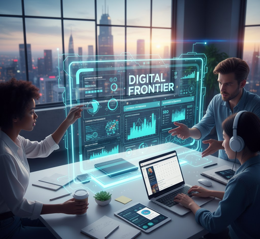 A close-up shot of hands typing on a laptop with a screen displaying a complex SEO and web analytics dashboard. The data includes growth charts, key performance indicators (KPIs), and keyword research, symbolizing the analytical skills required in content strategy and digital marketing.