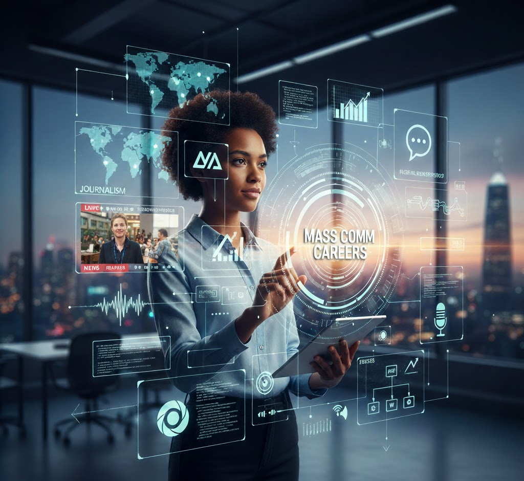 A confident professional woman interacts with a holographic interface displaying various data points, graphs, world maps, a live news broadcast, and icons representing different media forms.
