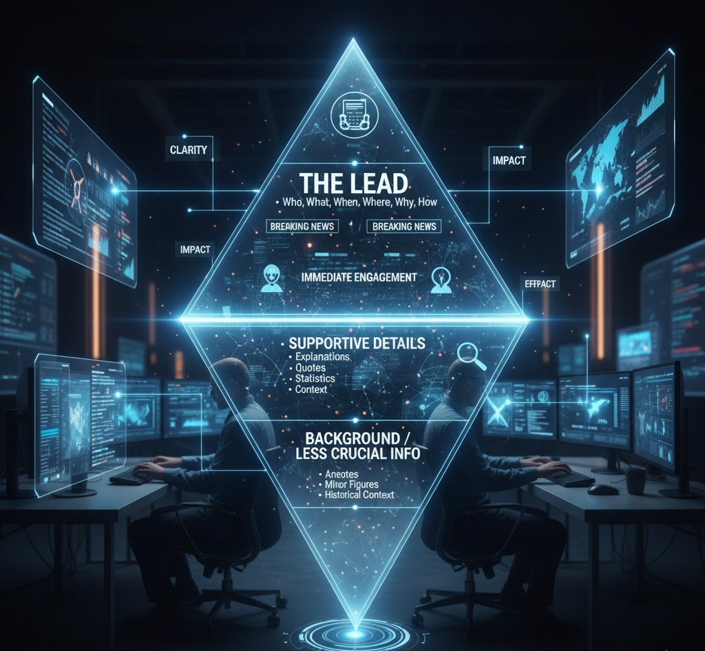 Inverted Pyramid structure diagram in a digital newsroom, illustrating core journalistic principles from lead to background details.