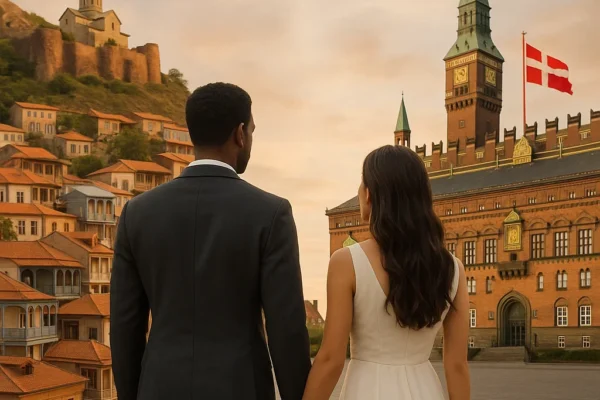 International couple between Tbilisi, Georgia and Copenhagen, Denmark landmarks symbolizing cross-border marriage.