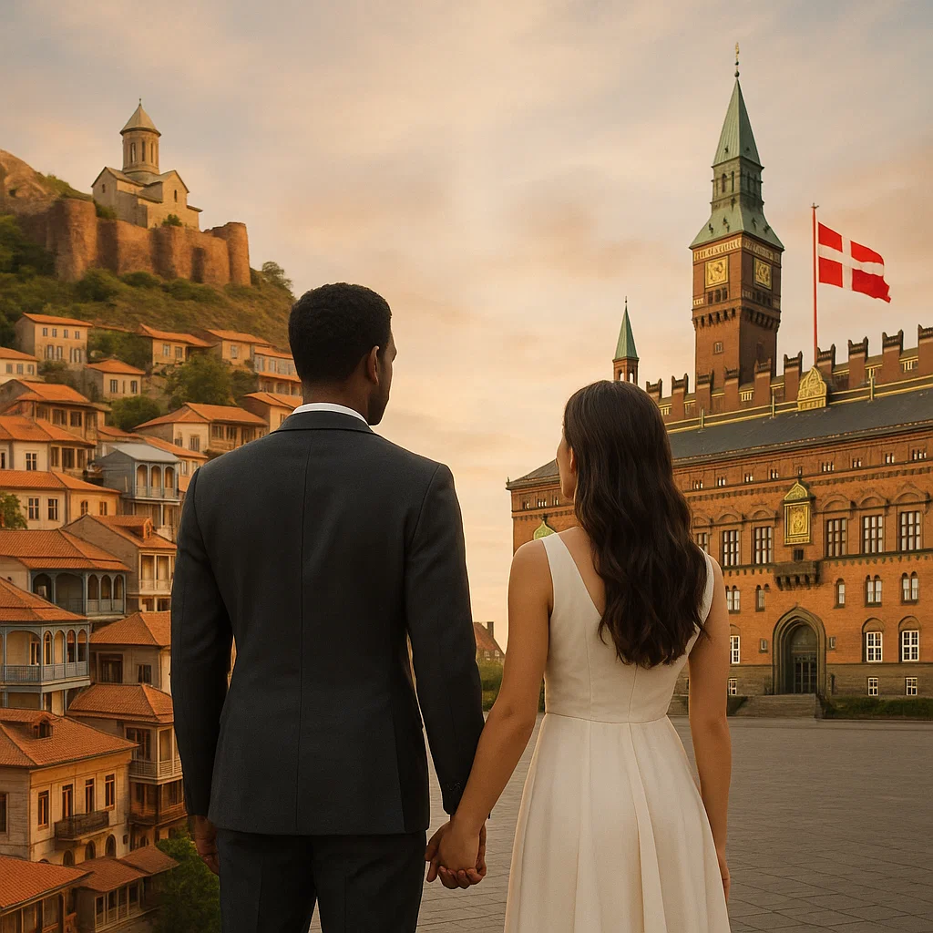 International couple between Tbilisi, Georgia and Copenhagen, Denmark landmarks symbolizing cross-border marriage.