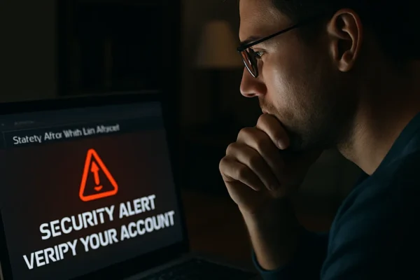 User reviewing a suspicious email on laptop, representing phishing scams and cybersecurity awareness.