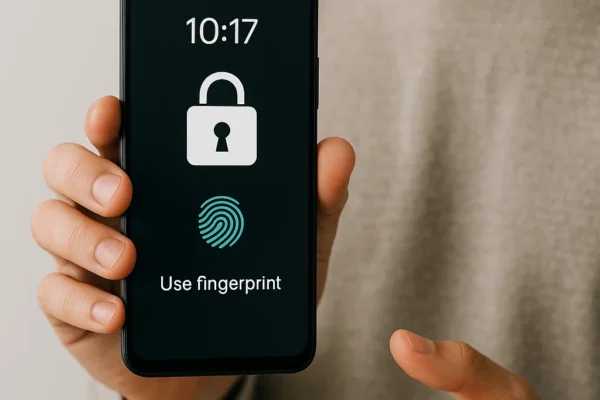 Person holding a smartphone with visible security features like fingerprint authentication, emphasizing smartphone security.