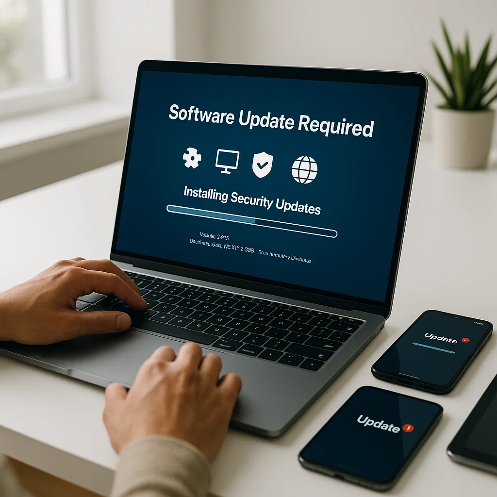 Person using a laptop with a visible software update screen, surrounded by devices showing pending security updates.