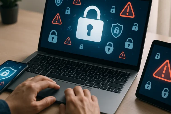 Workspace with laptop, smartphone, and tablet showing cybersecurity icons representing digital security and safe online habits.