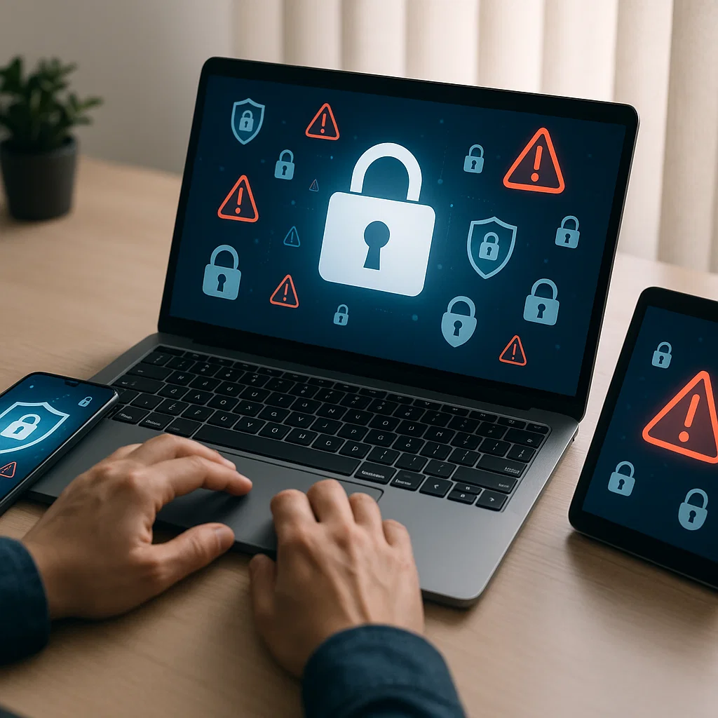 Workspace with laptop, smartphone, and tablet showing cybersecurity icons representing digital security and safe online habits.
