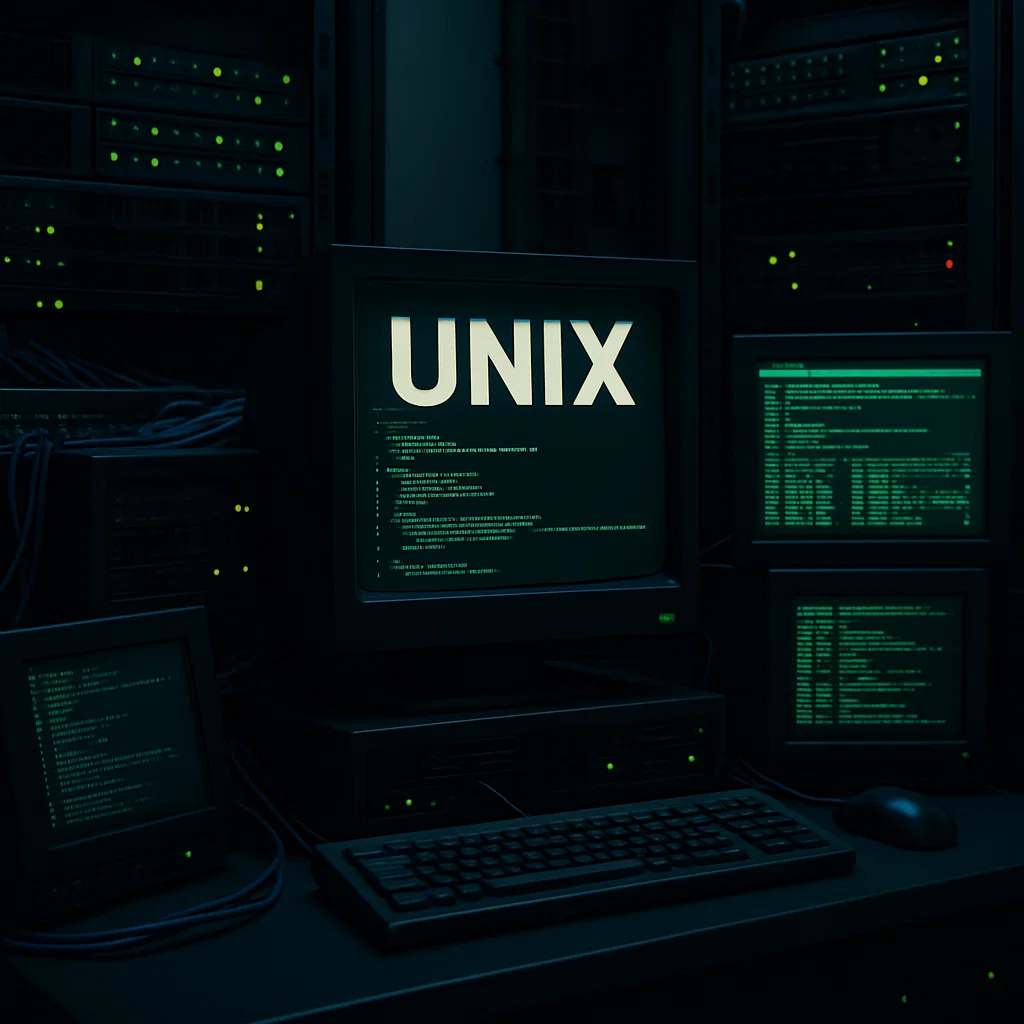 High-tech workstation running Unix-based systems with terminal windows displaying code, symbolizing the power and flexibility of Unix in modern computing