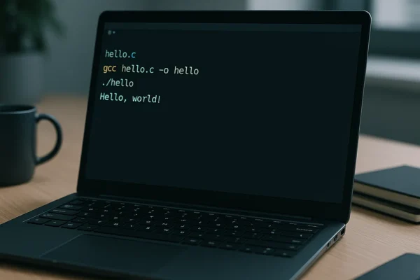 A realistic workspace with a laptop screen displaying a Unix terminal where a C program is being compiled using GCC.