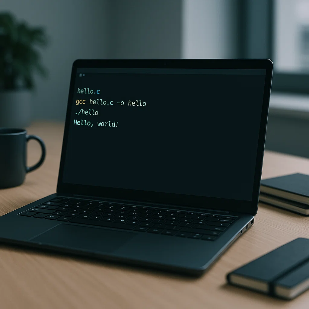A realistic workspace with a laptop screen displaying a Unix terminal where a C program is being compiled using GCC.