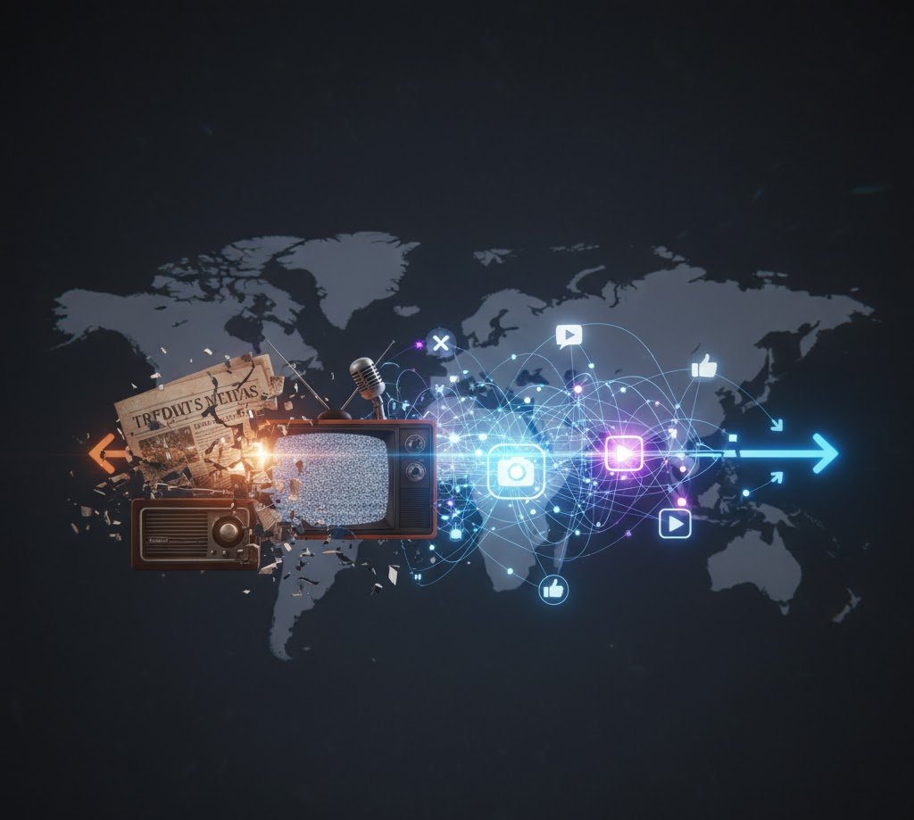 Social media's impact on mass communication, showing traditional media like a newspaper, radio, and television transforming into a global digital network.
