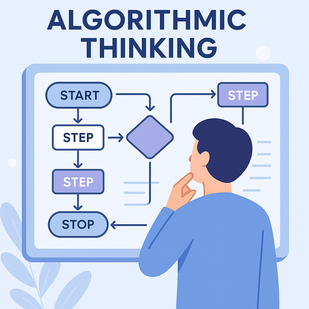 Illustration of algorithmic thinking with flowcharts and step-by-step problem-solving visuals