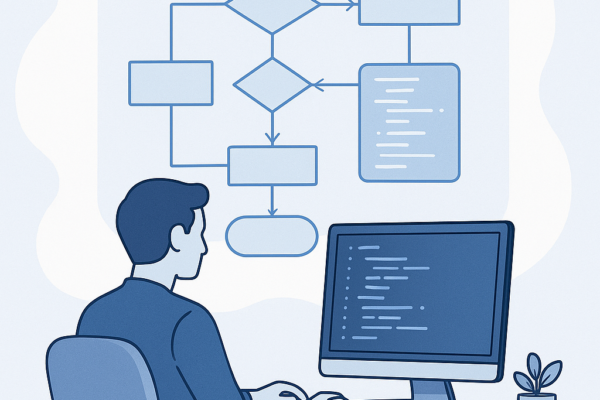 Featured image: A programmer analyzing a flowchart that visualizes program logic before writing code.