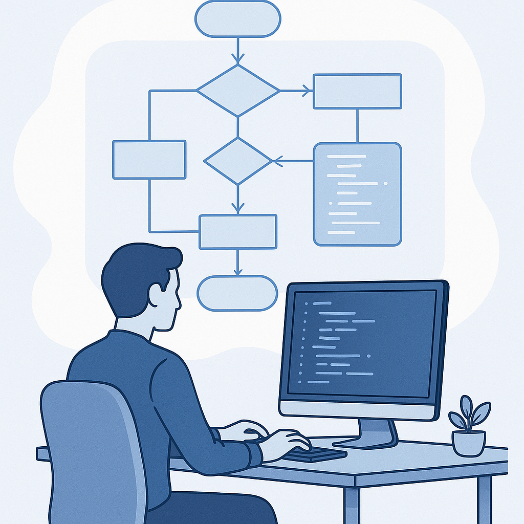 Featured image: A programmer analyzing a flowchart that visualizes program logic before writing code.