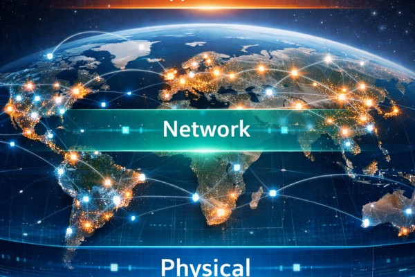 Global Internet network showing interconnected clients, servers, routers, and network layers.