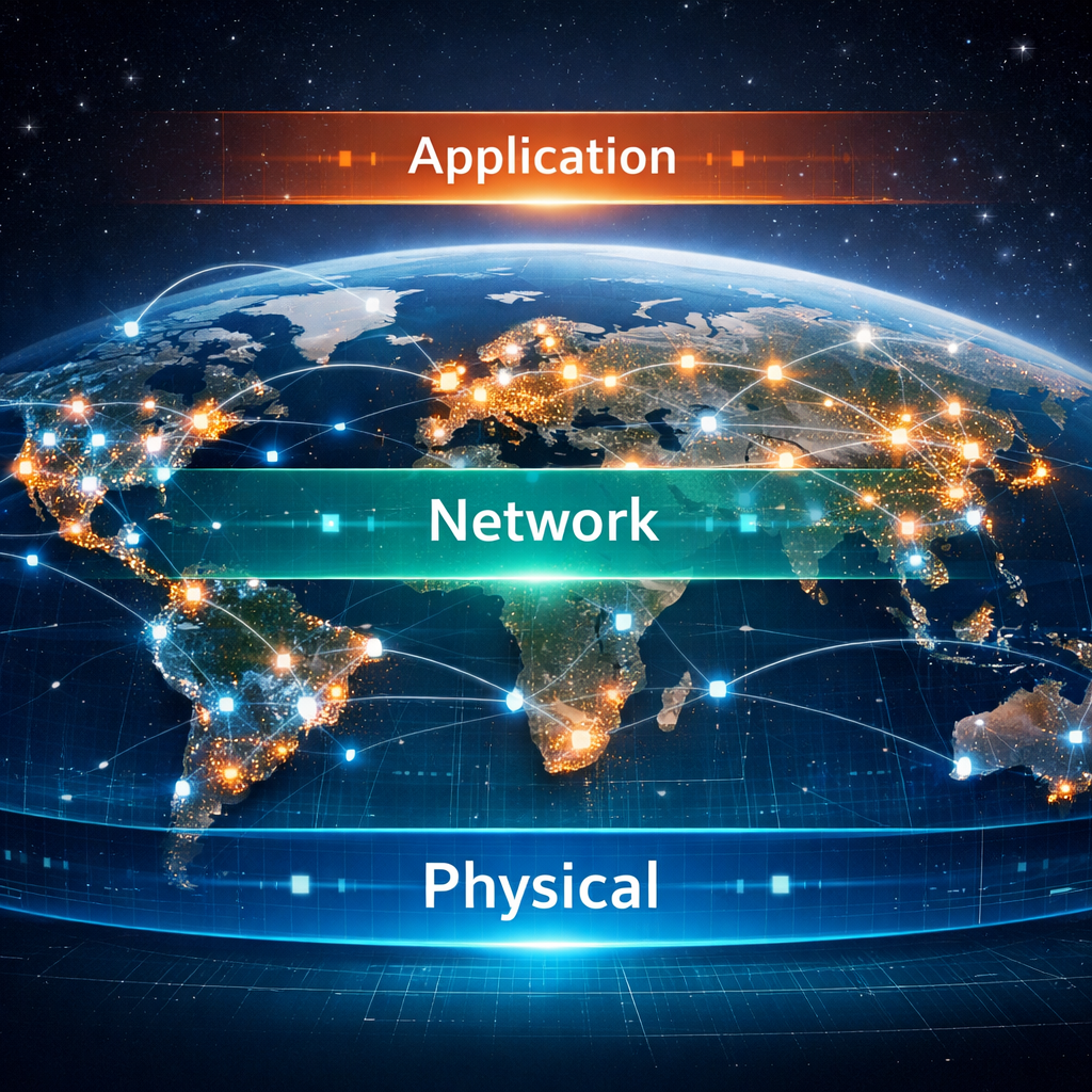 Global Internet network showing interconnected clients, servers, routers, and network layers.